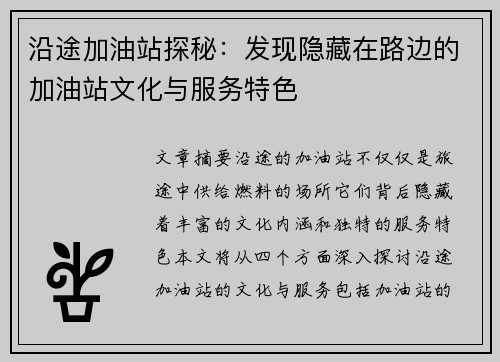 沿途加油站探秘：发现隐藏在路边的加油站文化与服务特色